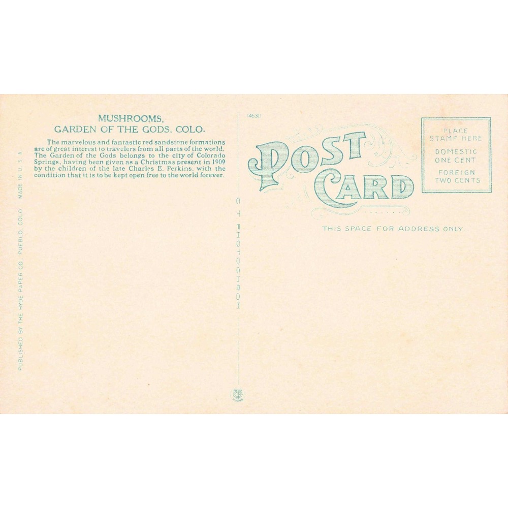 Vintage Garden of the Gods Colorado Mushrooms Linen Postcard Hyde Paper Co VG+ - Picture 2 of 2